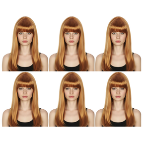 6x Golden Brown Long Straight Wig w/ Fringe Bulk Pack - Womens Cosplay Costume/Fancy Dress Party