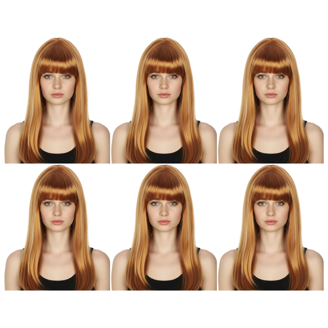 6x Golden Brown Long Straight Wig w/ Fringe Bulk Pack - Womens Cosplay Costume/Fancy Dress Party