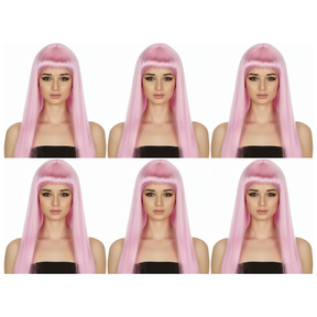 6x Light Pink Long Straight Wig w/ Fringe Bulk Pack - Womens Cosplay Costume/Fancy Dress Party