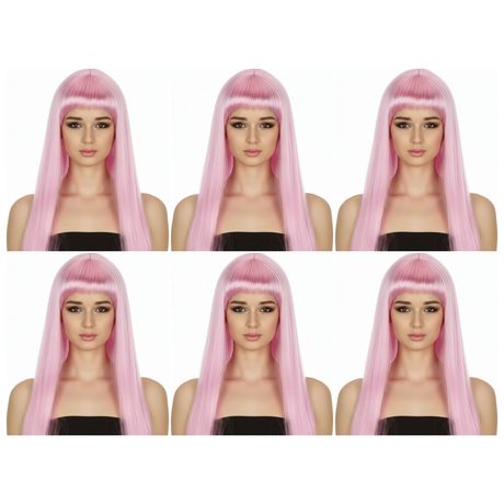 6x Light Pink Long Straight Wig w/ Fringe Bulk Pack - Womens Cosplay Costume/Fancy Dress Party