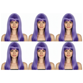 6x Purple Long Straight Wig w/ Fringe Bulk Pack - Womens Cosplay Costume/Fancy Dress Party