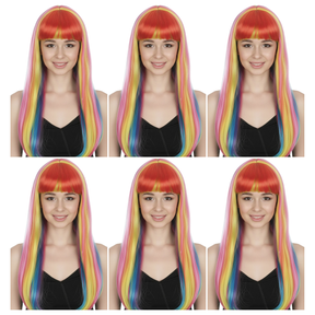 6x Rainbow Long Straight Wig w/ Fringe Bulk Pack - Womens Cosplay Costume/Fancy Dress Party