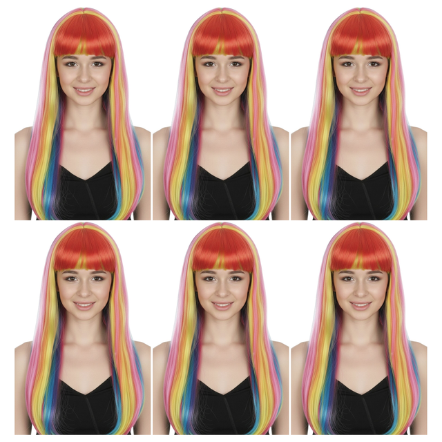 6x Rainbow Long Straight Wig w/ Fringe Bulk Pack - Womens Cosplay Costume/Fancy Dress Party