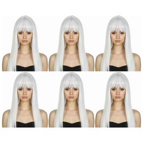 6x White Long Straight Wig w/ Fringe Bulk Pack - Womens Cosplay Costume/Fancy Dress Party