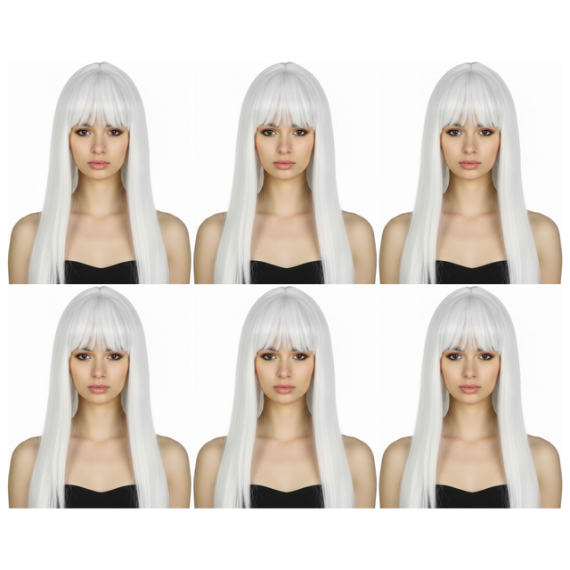 6x White Long Straight Wig w/ Fringe Bulk Pack - Womens Cosplay Costume/Fancy Dress Party