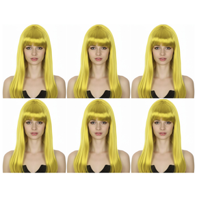 6x Yellow Long Straight Wig w/ Fringe Bulk Pack - Womens Cosplay Costume/Fancy Dress Party
