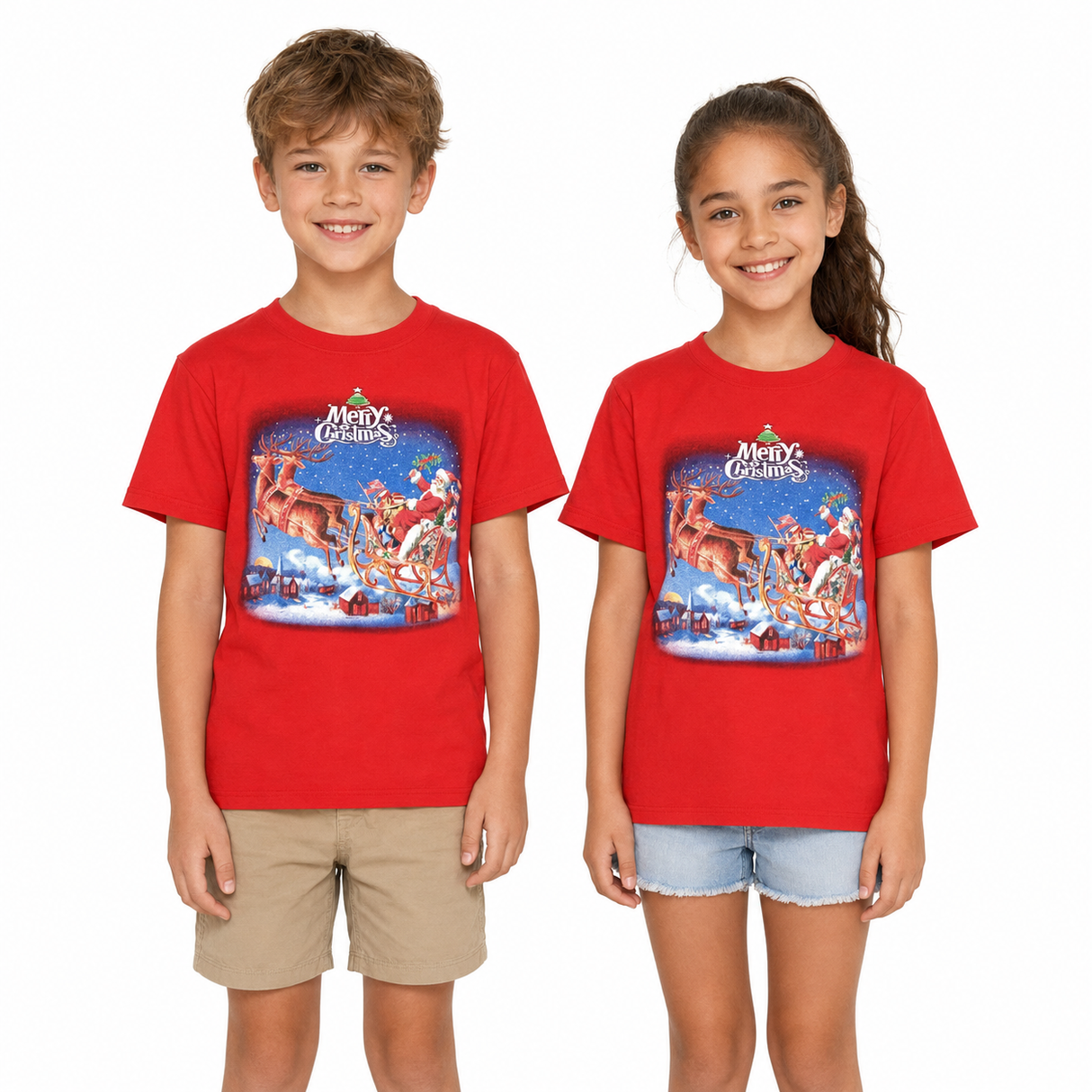 100% Cotton Kids Christmas T-Shirt - Red (Xmas Santa w/ Reindeers on Sleigh)