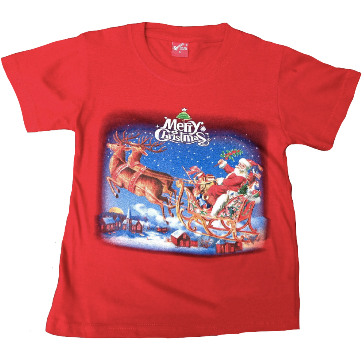 100% Cotton Kids Christmas T-Shirt - Red (Xmas Santa w/ Reindeers on Sleigh)