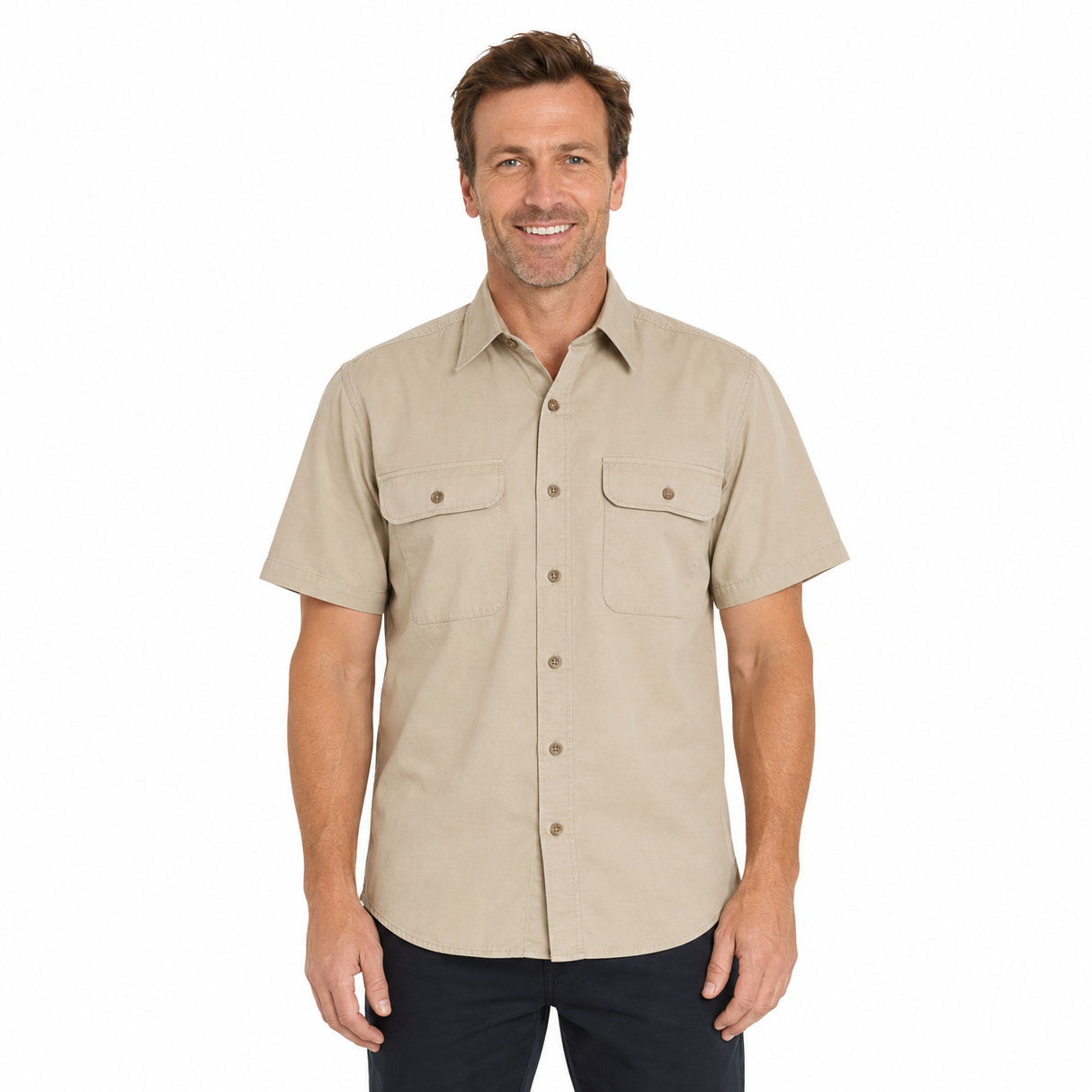 Bisley Mens Cotton Blend Short Sleeve Shirt - Beige - Small (Casual Business Top)