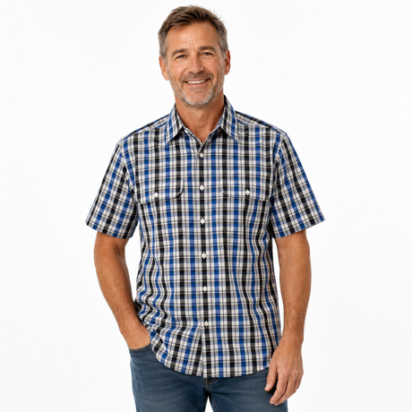 Bisley Mens Cotton Blend Short Sleeve Shirt - Blue Check - Small (Casual Business Top)