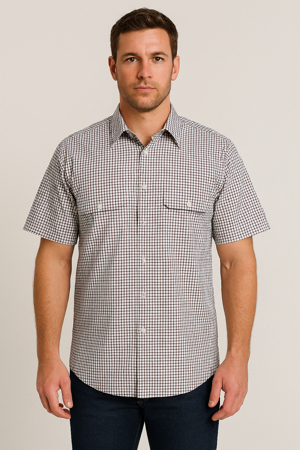 Bisley Mens Short Sleeve Check Shirt Checkered Cotton Blend Casual Business Work - Burgundy - XL