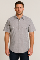 Bisley Mens Short Sleeve Check Shirt Checkered Cotton Blend Casual Business Work - Burgundy - XL