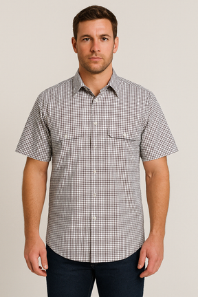 Bisley Mens Short Sleeve Check Shirt Checkered Cotton Blend Casual Business Work - Burgundy - XL