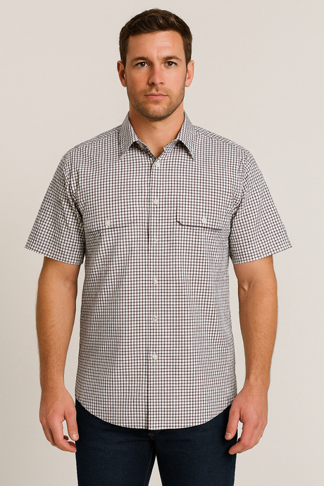 Bisley Mens Short Sleeve Check Shirt Checkered Cotton Blend Casual Business Work - Burgundy - XL