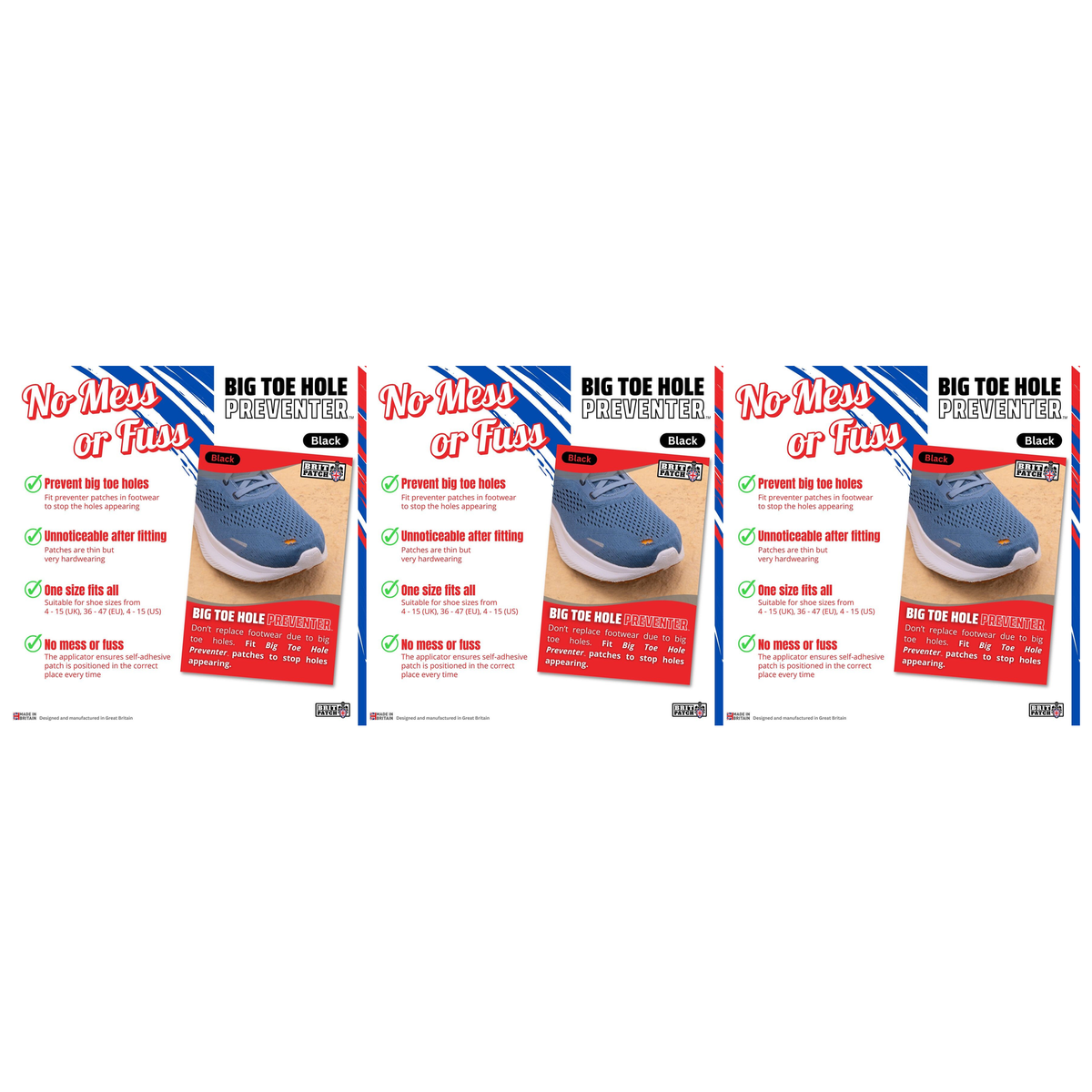 3x Brit Patch Trainer Armour Big Toe Shoe Hole Preventer Patches Pack - Black (Made in Britain)