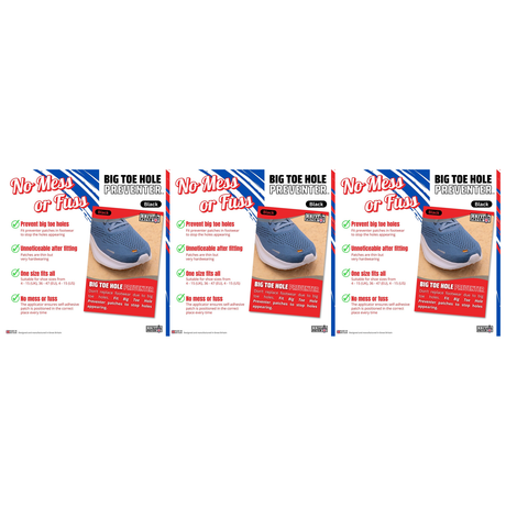3x Brit Patch Trainer Armour Big Toe Shoe Hole Preventer Patches Pack - Black (Made in Britain)