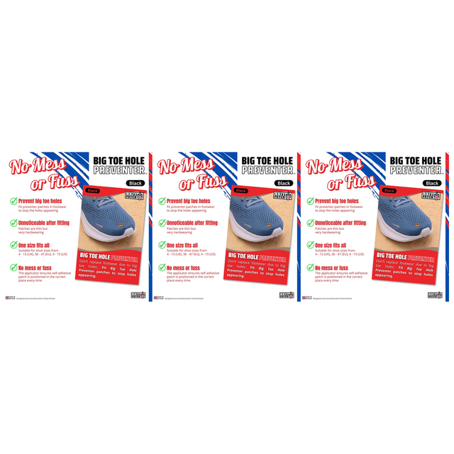 3x Brit Patch Trainer Armour Big Toe Shoe Hole Preventer Patches Pack - Black (Made in Britain)