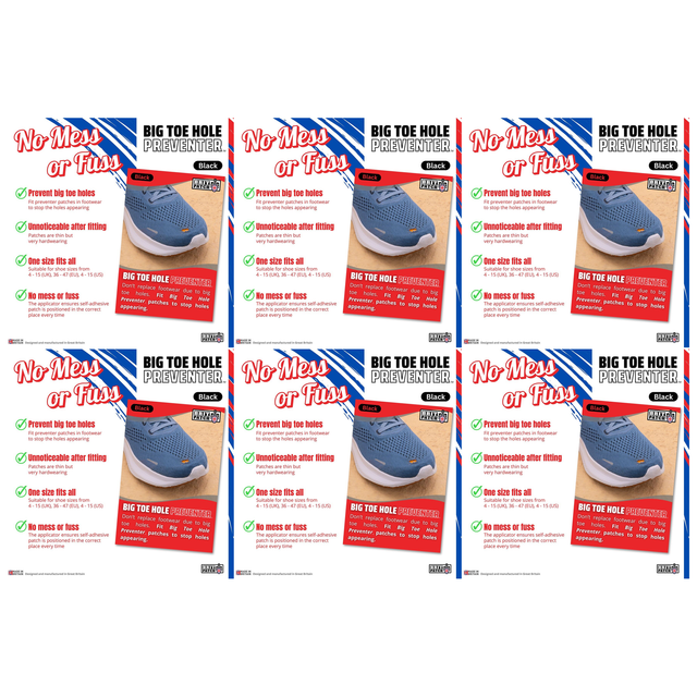 6x Brit Patch Trainer Armour Big Toe Shoe Hole Preventer Patches Bulk Pack - Black (Made in Britain)