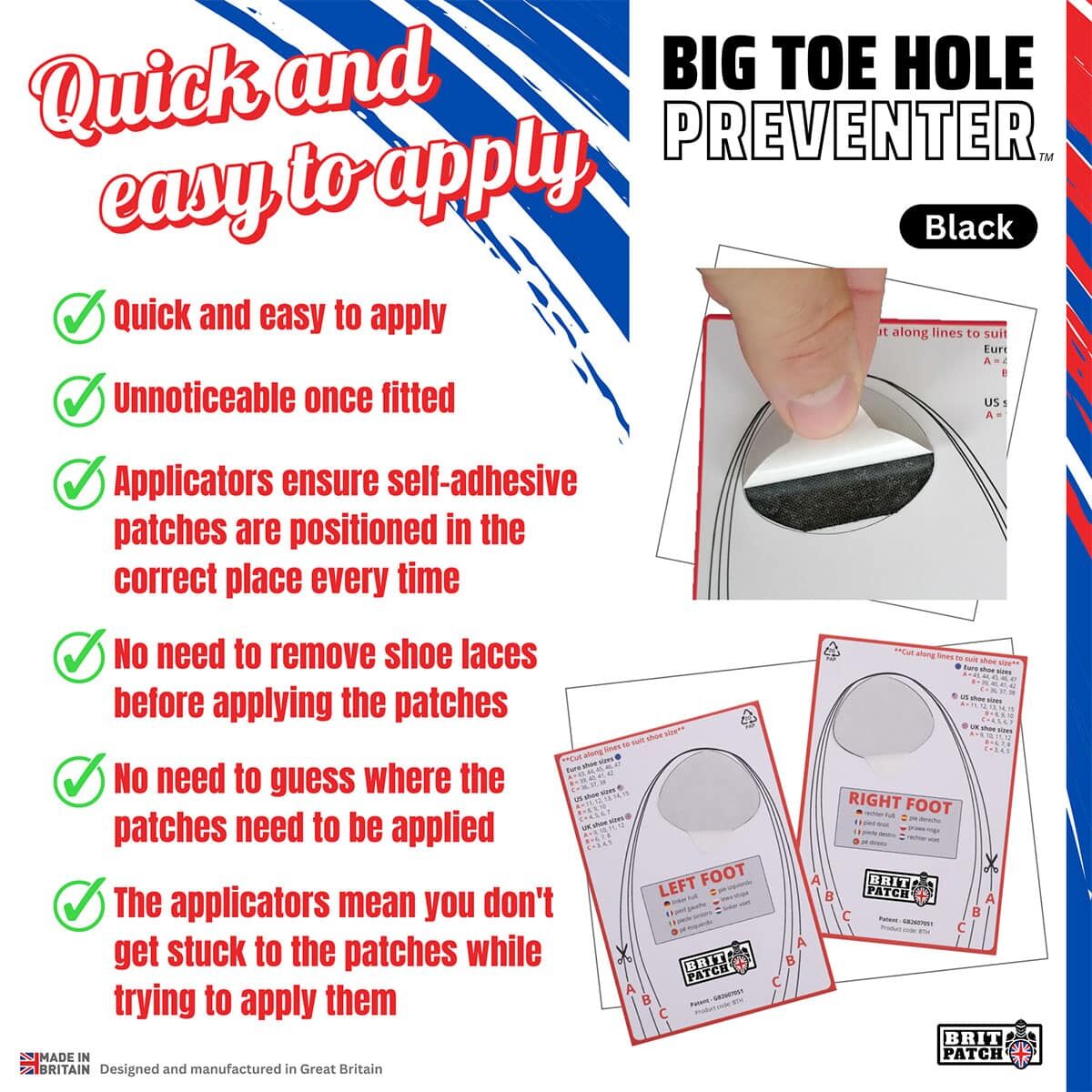 Brit Patch Trainer Armour Big Toe Shoe Hole Preventer Patches in Black (Made in Britain)