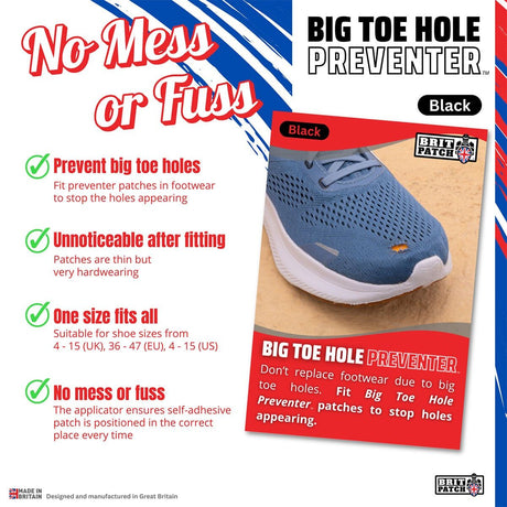 Brit Patch Trainer Armour Big Toe Shoe Hole Preventer Patches in Black (Made in Britain)