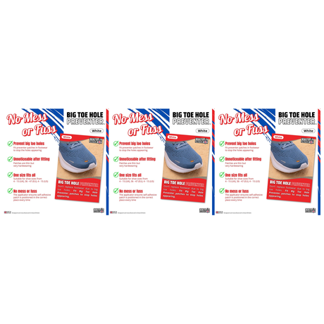 3x Brit Patch Trainer Armour Big Toe Shoe Hole Preventer Patches Pack - White (Made in Britain)