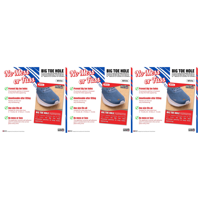 3x Brit Patch Trainer Armour Big Toe Shoe Hole Preventer Patches Pack - White (Made in Britain)