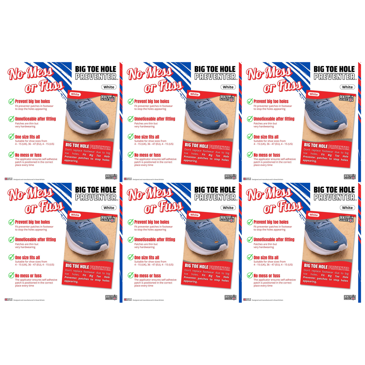 6x Brit Patch Trainer Armour Big Toe Shoe Hole Preventer Patches Bulk Pack - White (Made in Britain)