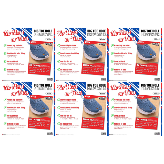 6x Brit Patch Trainer Armour Big Toe Shoe Hole Preventer Patches Bulk Pack - White (Made in Britain)