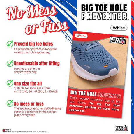 Brit Patch Trainer Armour Big Toe Shoe Hole Preventer Patches in White (Made in Britain)