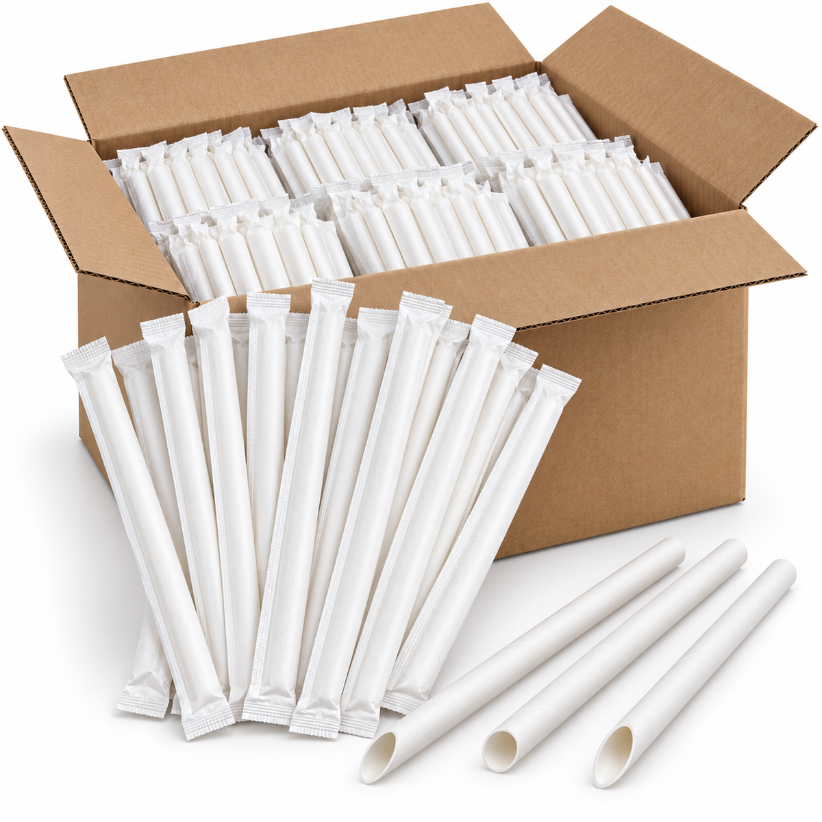 500pcs Disposable 4-Ply Paper Straws for Bubble Tea Bulk - Plain White (Angle Cut & Individually Wrapped)