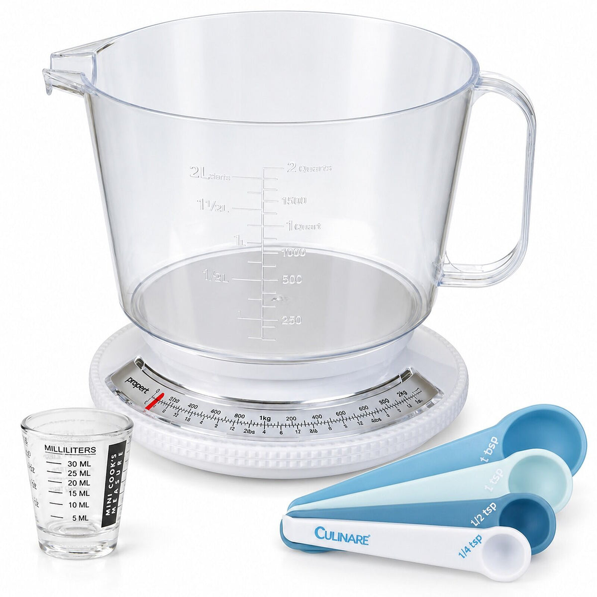 Baking Measure Kit - Propert 2.2kg Kitchen Scale with Jug, 4pc Measuring Spoons & Mini Measuring Glass