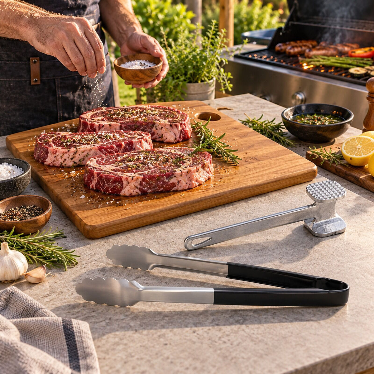 BBQ Meat Prep Kit - Large Acacia Chopping Board, Steel Meat Tenderiser & Stainless Tongs Set