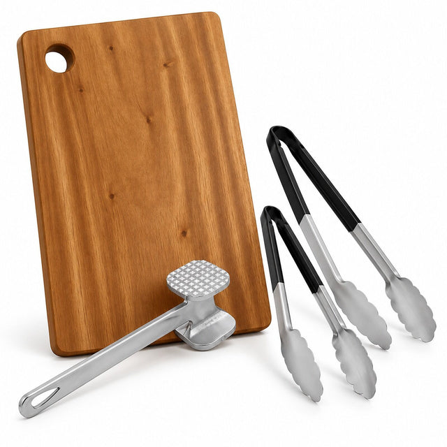 BBQ Meat Prep Kit - Large Acacia Chopping Board, Steel Meat Tenderiser & Stainless Tongs Set