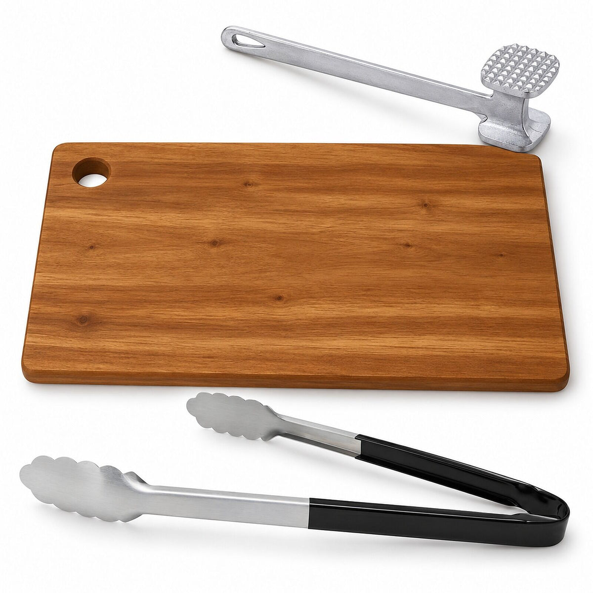 BBQ Meat Prep Kit - Large Acacia Chopping Board, Steel Meat Tenderiser & Stainless Tongs Set