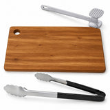 BBQ Meat Prep Kit - Large Acacia Chopping Board, Steel Meat Tenderiser & Stainless Tongs Set