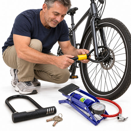 Bike Lock-Up & Pump Set - Heavy Duty U Lock, 80cm Cable Lock & Foot Pump with Gauge