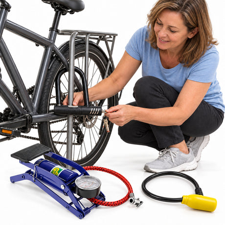 Bike Lock-Up & Pump Set - Heavy Duty U Lock, 80cm Cable Lock & Foot Pump with Gauge
