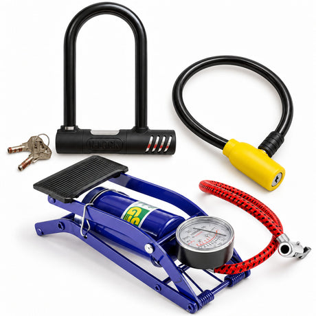 Bike Lock-Up & Pump Set - Heavy Duty U Lock, 80cm Cable Lock & Foot Pump with Gauge