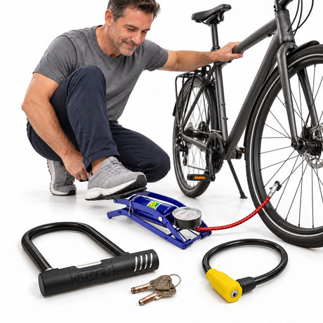 Bike Lock-Up & Pump Set - Heavy Duty U Lock, 80cm Cable Lock & Foot Pump with Gauge