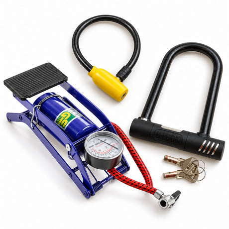 Bike Lock-Up & Pump Set - Heavy Duty U Lock, 80cm Cable Lock & Foot Pump with Gauge
