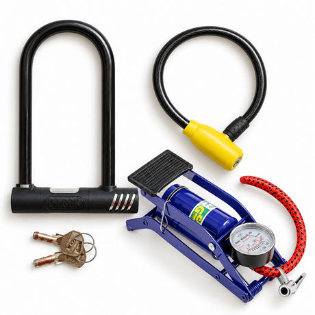 Bike Lock-Up & Pump Set - Heavy Duty U Lock, 80cm Cable Lock & Foot Pump with Gauge