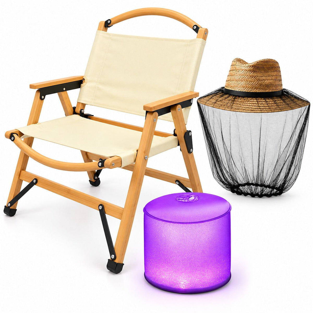 Campsite Evening Kit - Bamboo Folding Camp Chair, Luci Inflatable Solar Lantern & Mosquito Head Net
