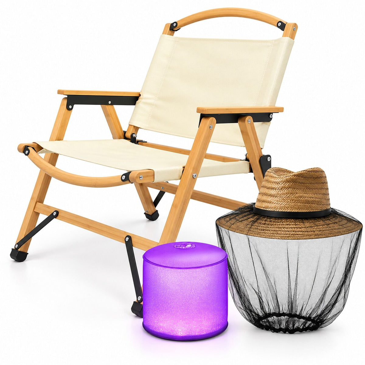 Campsite Evening Kit - Bamboo Folding Camp Chair, Luci Inflatable Solar Lantern & Mosquito Head Net
