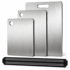 3x Titanium Stainless Steel Chopping Boards + Magnetic Knife Wall Rack Set - Home Chef Prep Set