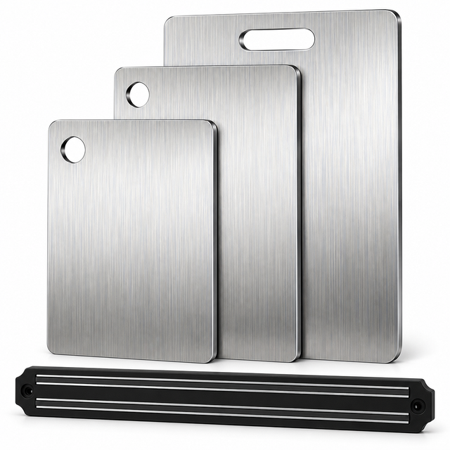 3x Titanium Stainless Steel Chopping Boards + Magnetic Knife Wall Rack Set - Home Chef Prep Set