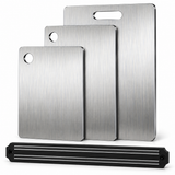3x Titanium Stainless Steel Chopping Boards + Magnetic Knife Wall Rack Set - Home Chef Prep Set