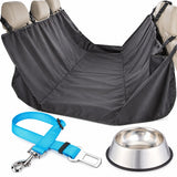 Dog Car Travel Set - Waterproof Back Seat Cover, Dog Seat Belt & Stainless Steel Travel Bowl