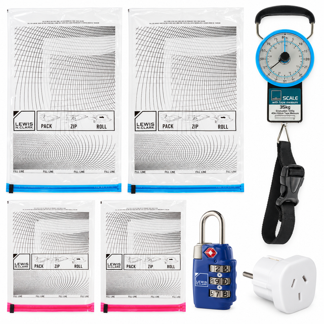 Lewis N. Clark Europe Travel Essentials Set - Compression Bags, TSA Lock, Luggage Scale & Adapter