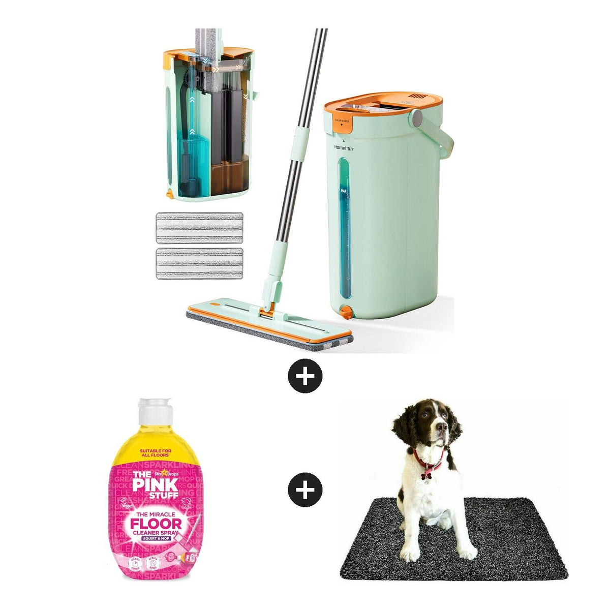 Home Floor Cleaning Set - Flat Mop & Bucket, Microfiber Mop, Pink Stuff Floor Cleaner & Doormat