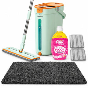 Home Floor Cleaning Set - Flat Mop & Bucket, Microfiber Mop, Pink Stuff Floor Cleaner & Doormat
